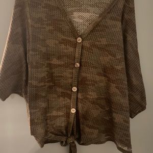 Camo dolman sleeve top- button down tie front